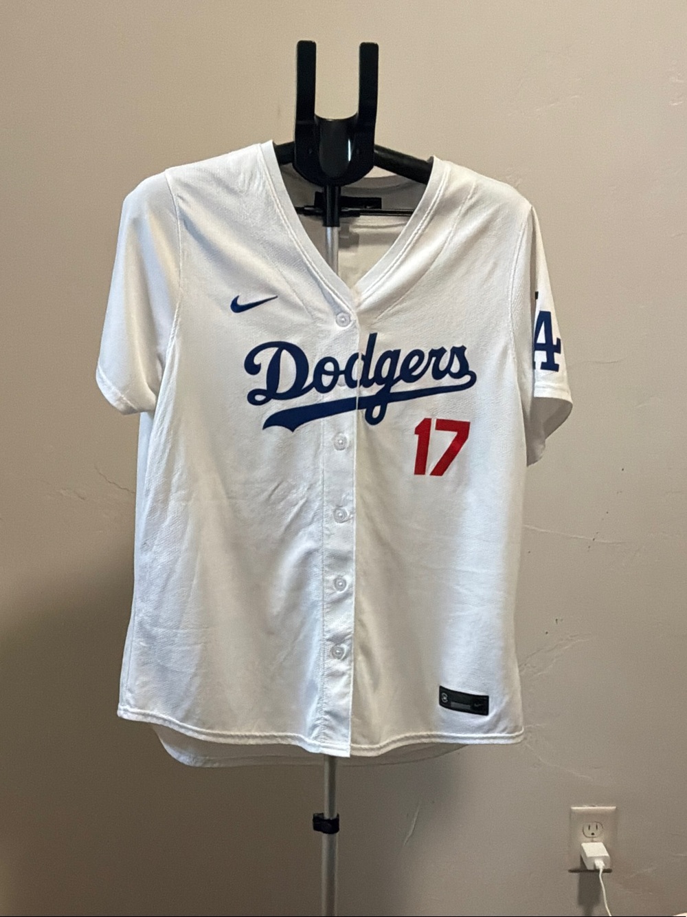 Nike White Dodgers Jersey with Blue Script and Red Number 17